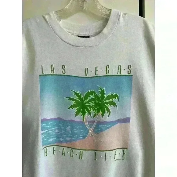 Vintage 1989 White Las Vegas Beach Life Palm Trees Graphic Single Stitch USA XL - Picture 5 of 11